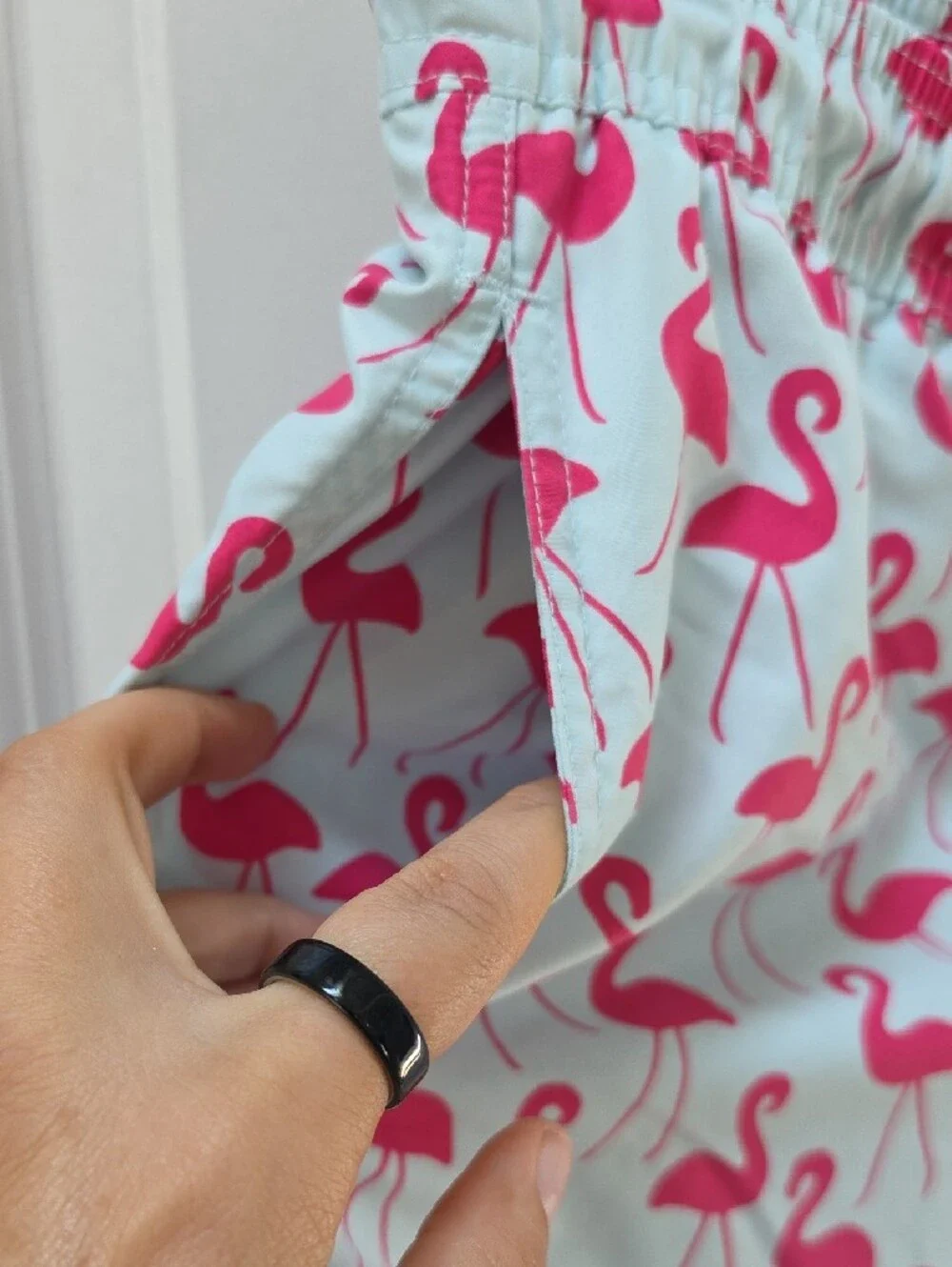 Tom & Teddy Men's Light Blue Swim Trunks with Pink Flamingo Print